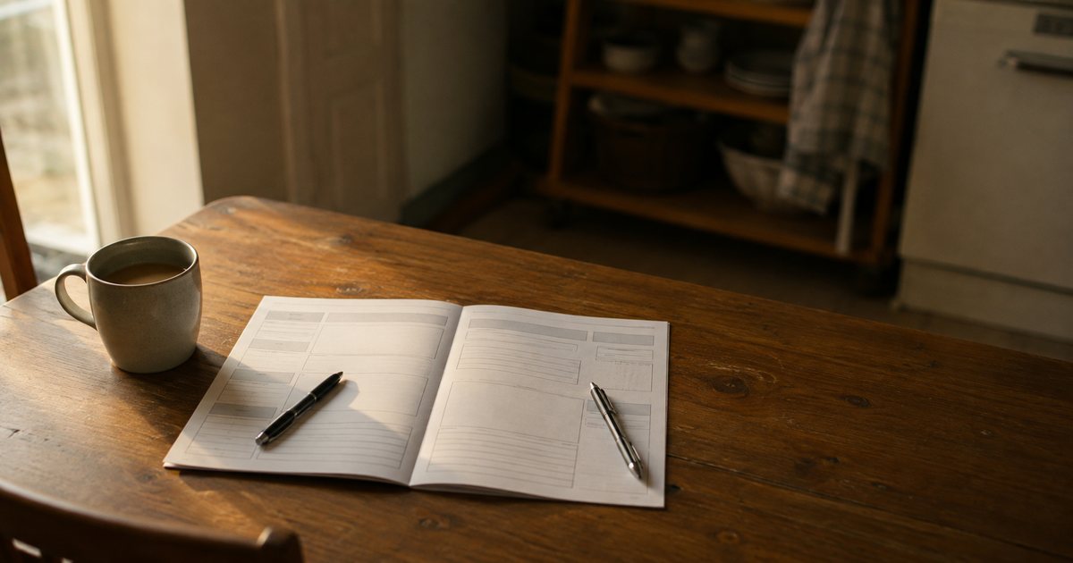 A printed workbook lying open on a wooden kitchen table with a pen resting on each side and a mug of tea nearby, in morning light